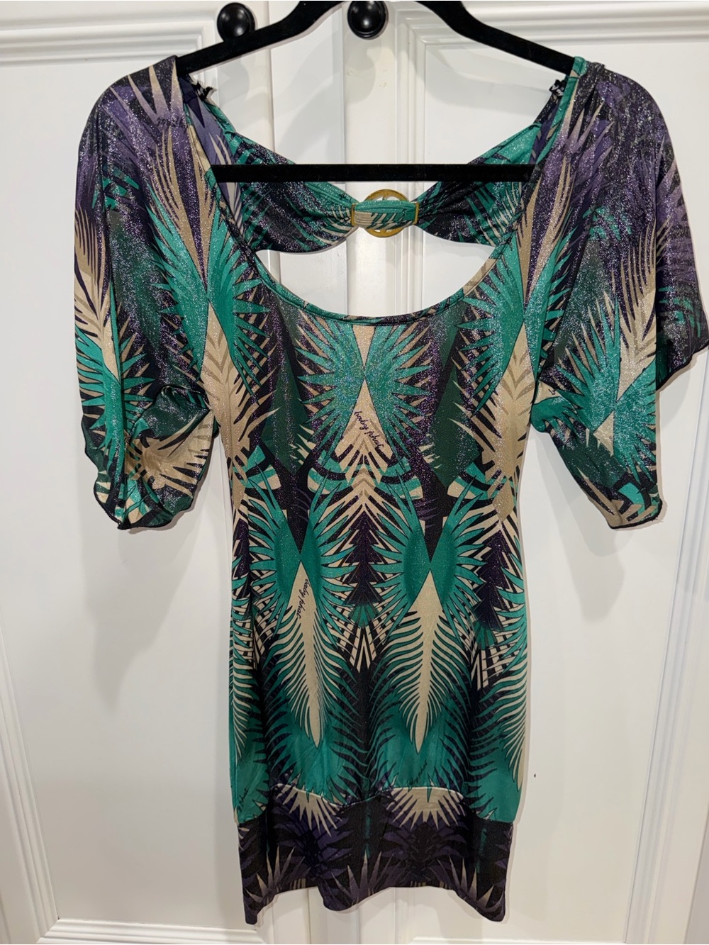Vintage Tropical Print Scoop Neck Dress with Back Ring Detail - Teal, Purple